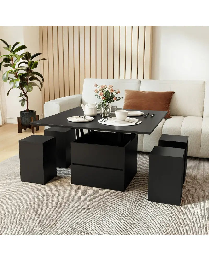 3-in-1 Expandable Lift Top Coffee Table with 4 Storage Stools and Hidden Compartment for 4-8 People-Black - Black