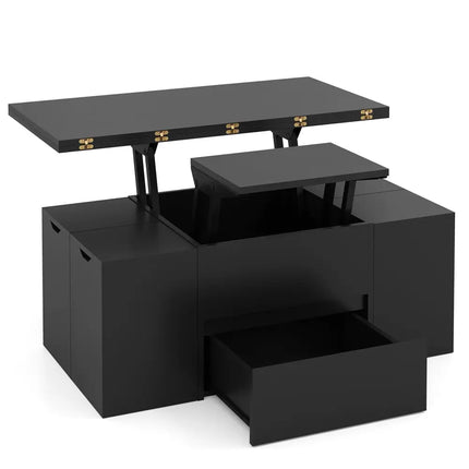 3-in-1 Expandable Lift Top Coffee Table with 4 Storage Stools and Hidden Compartment for 4-8 People-Black Costway