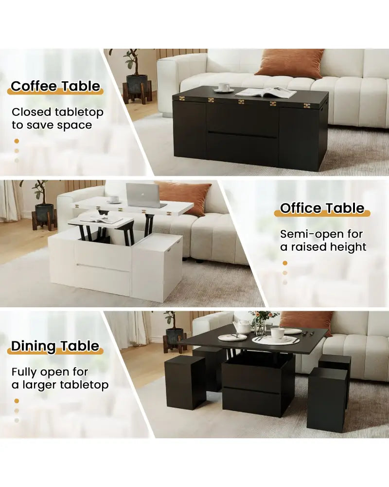 3-in-1 Expandable Lift Top Coffee Table with 4 Storage Stools and Hidden Compartment for 4-8 People-Black - Black
