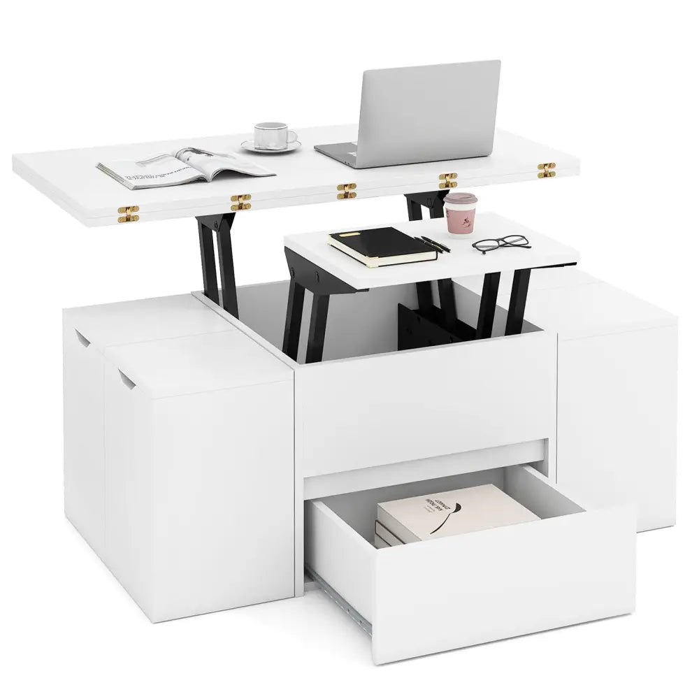 3-in-1 Expandable Lift Top Coffee Table with 4 Storage Stools and Hidden Compartment for 4-8 People-White - White