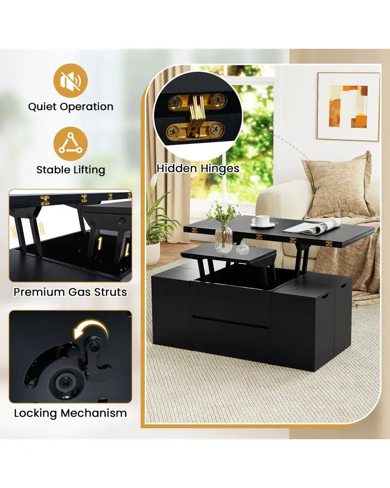 3-in-1 Expandable Lift Top Coffee Table with 4 Storage Stools and Hidden Compartment for 4-8 People-Black - Black