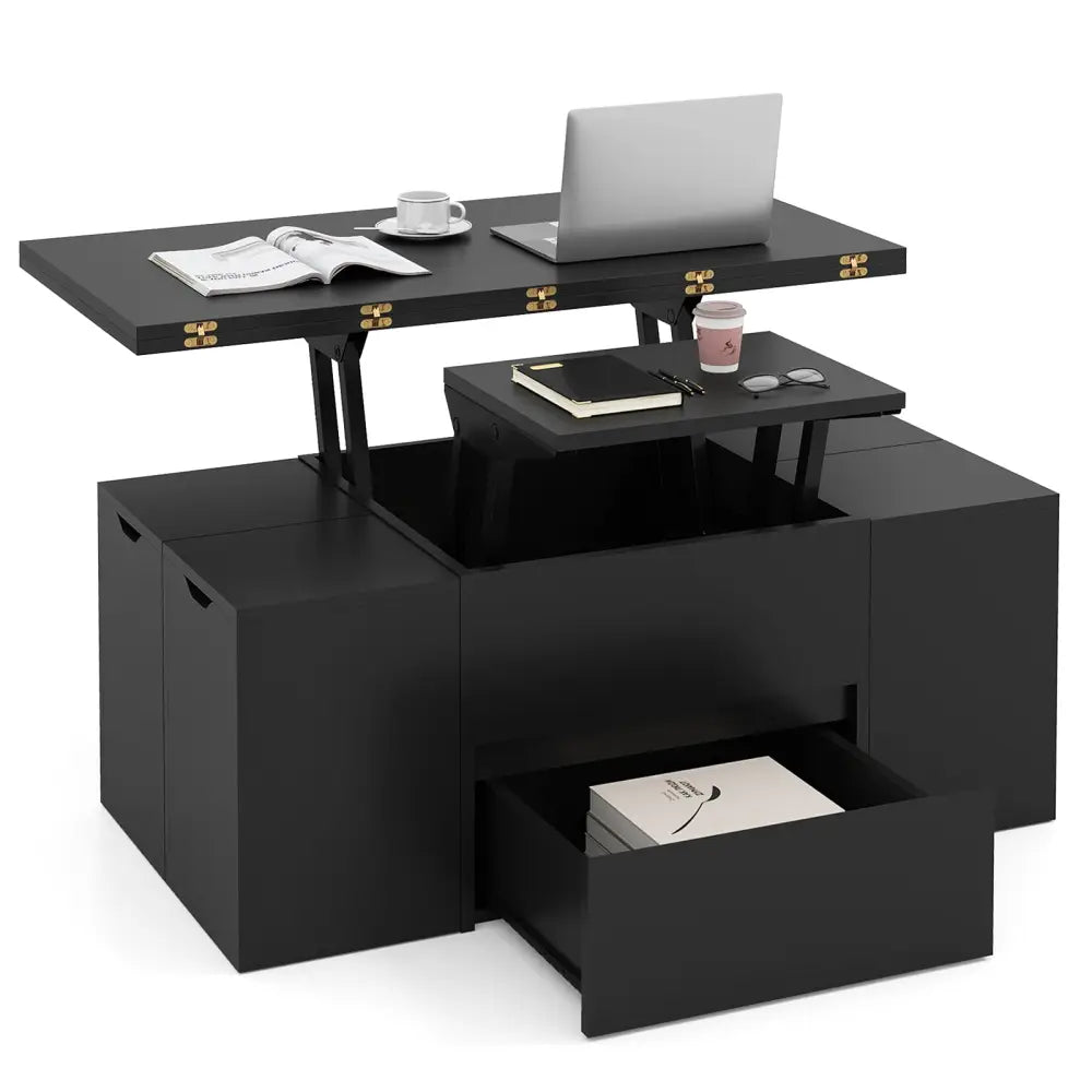 3-in-1 Expandable Lift Top Coffee Table with 4 Storage Stools and Hidden Compartment for 4-8 People-Black - Black