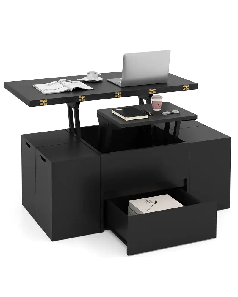 3-in-1 Expandable Lift Top Coffee Table with 4 Storage Stools and Hidden Compartment for 4-8 People-Black - Black