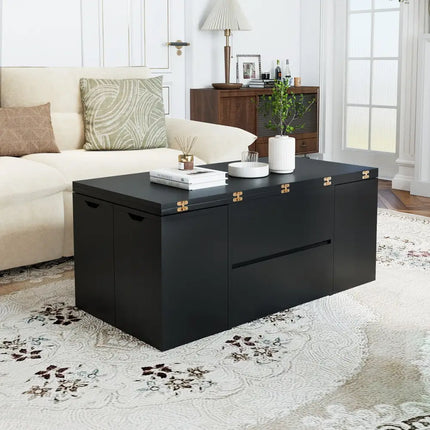 3-in-1 Expandable Lift Top Coffee Table with 4 Storage Stools and Hidden Compartment for 4-8 People-Black Costway
