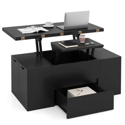 3-in-1 Expandable Lift Top Coffee Table with 4 Storage Stools and Hidden Compartment for 4-8 People-Black Costway