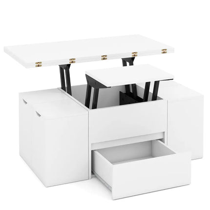 3-in-1 Expandable Lift Top Coffee Table with 4 Storage Stools and Hidden Compartment for 4-8 People-White - White