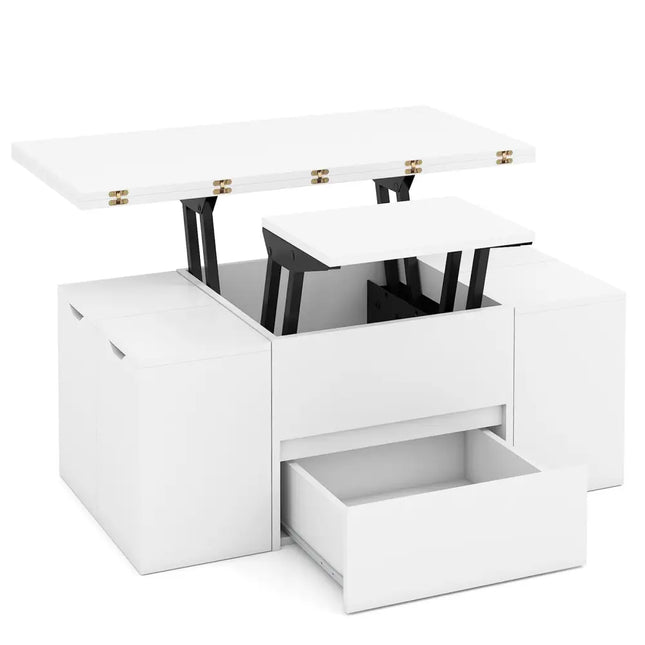 3-in-1 Expandable Lift Top Coffee Table with 4 Storage Stools and Hidden Compartment for 4-8 People-White - White