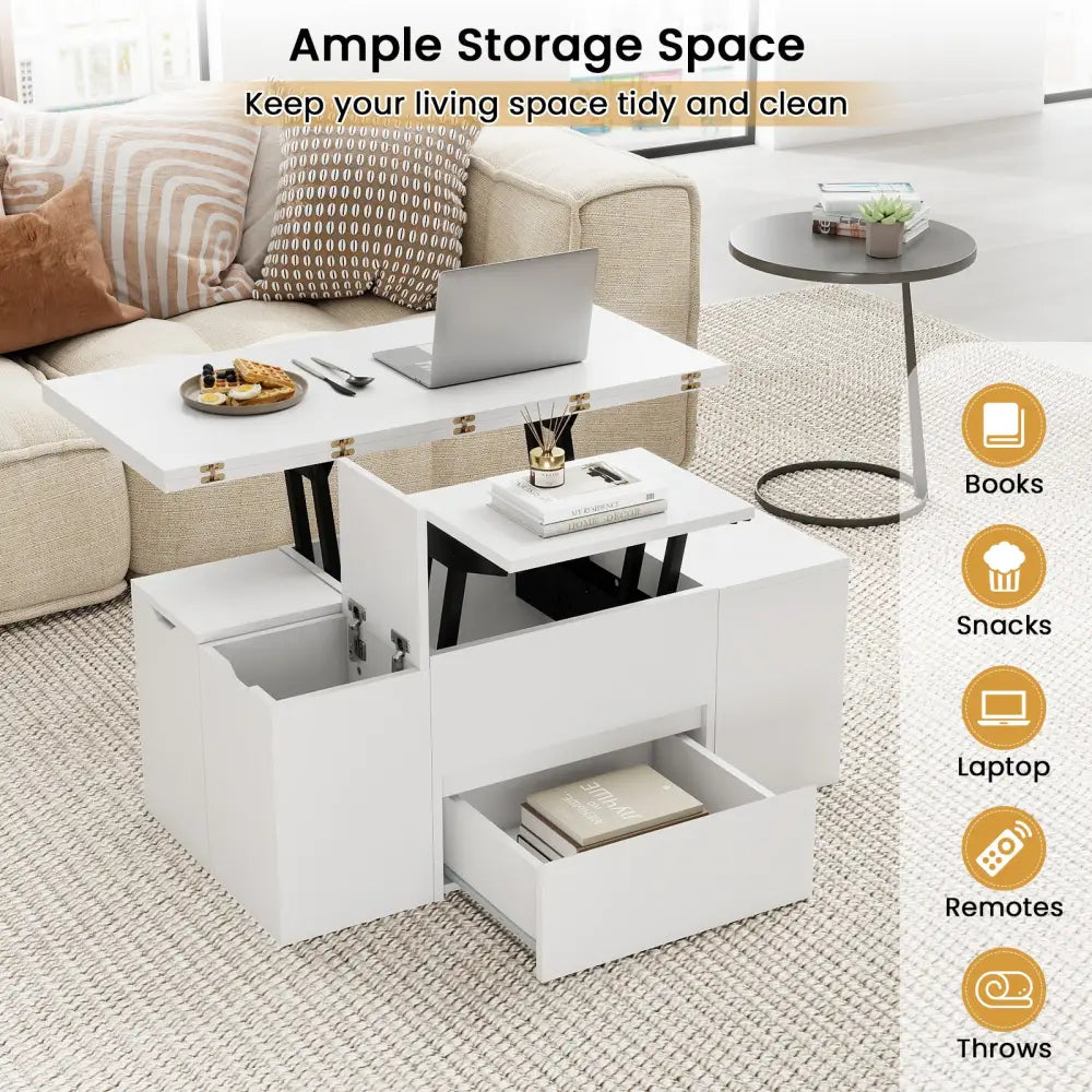 3-in-1 Expandable Lift Top Coffee Table with 4 Storage Stools and Hidden Compartment for 4-8 People-White - White