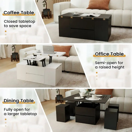 3-in-1 Expandable Lift Top Coffee Table with 4 Storage Stools and Hidden Compartment for 4-8 People-Black Costway