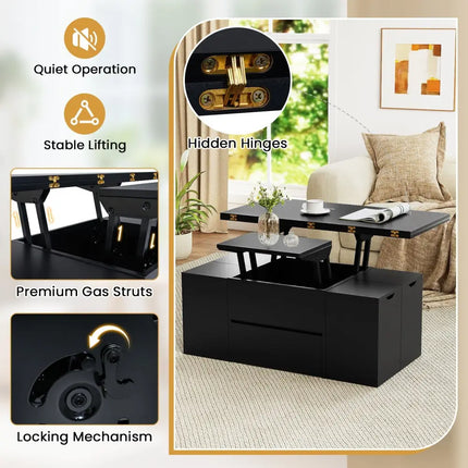 3-in-1 Expandable Lift Top Coffee Table with 4 Storage Stools and Hidden Compartment for 4-8 People-Black Costway