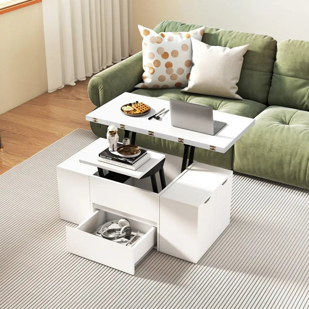 3-in-1 Expandable Lift Top Coffee Table with 4 Storage Stools and Hidden Compartment for 4-8 People-White - White