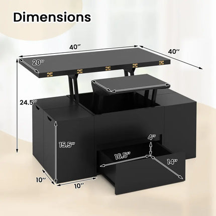 3-in-1 Expandable Lift Top Coffee Table with 4 Storage Stools and Hidden Compartment for 4-8 People-Black Costway