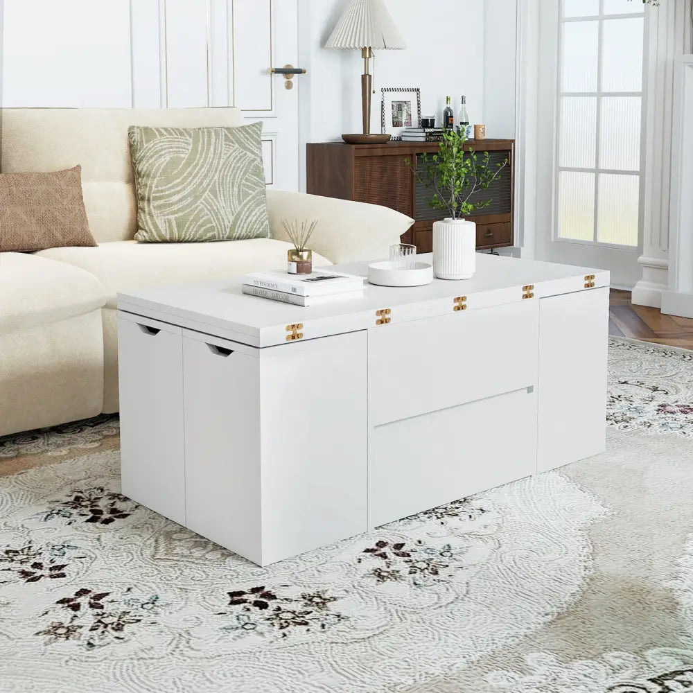 3-in-1 Expandable Lift Top Coffee Table with 4 Storage Stools and Hidden Compartment for 4-8 People-White - White