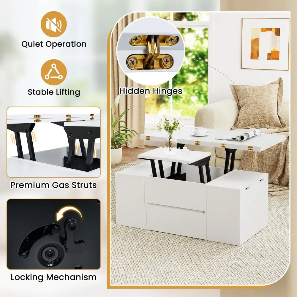 3-in-1 Expandable Lift Top Coffee Table with 4 Storage Stools and Hidden Compartment for 4-8 People-White - White