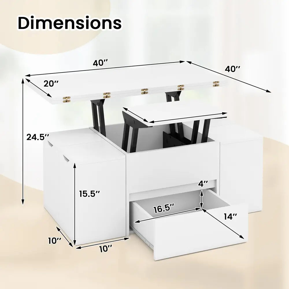 3-in-1 Expandable Lift Top Coffee Table with 4 Storage Stools and Hidden Compartment for 4-8 People-White - White