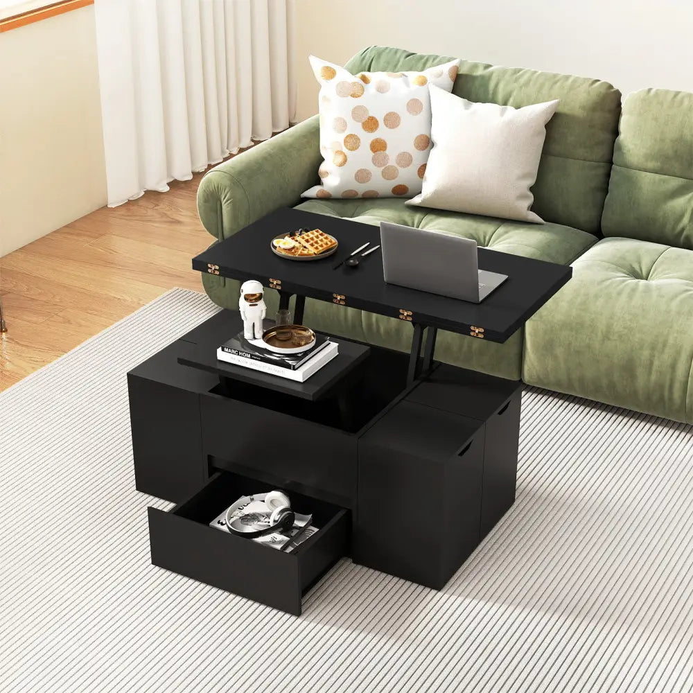 3-in-1 Expandable Lift Top Coffee Table with 4 Storage Stools and Hidden Compartment for 4-8 People-Black - Black