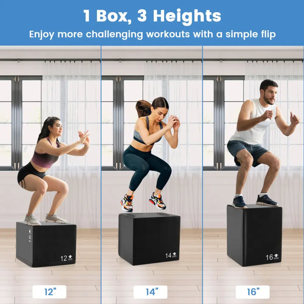 3 In 1 Foam Plyometric Box with 3 Heights and Easy-to-Clean PU Cover-16 Inches - Yoga & Gym Mats