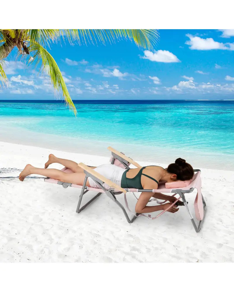 3-IN-1 Foldable Beach Chair with Footrest and Adjustable Backrest-Pink - Pink - Beach & Lawn Chairs