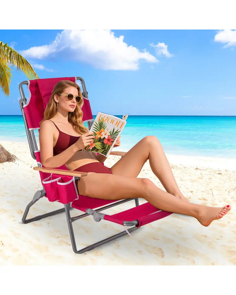 3-IN-1 Foldable Beach Chair with Footrest and Adjustable Backrest-Peach - Peach - Beach & Lawn Chairs