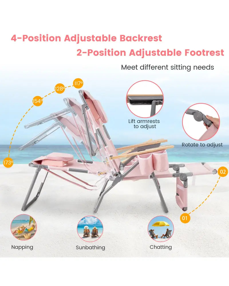 3-IN-1 Foldable Beach Chair with Footrest and Adjustable Backrest-Pink - Pink - Beach & Lawn Chairs
