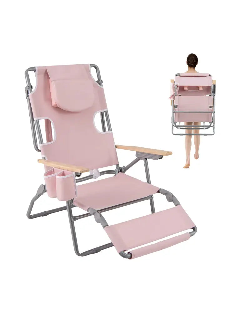 3-IN-1 Foldable Beach Chair with Footrest and Adjustable Backrest-Pink - Pink - Beach & Lawn Chairs