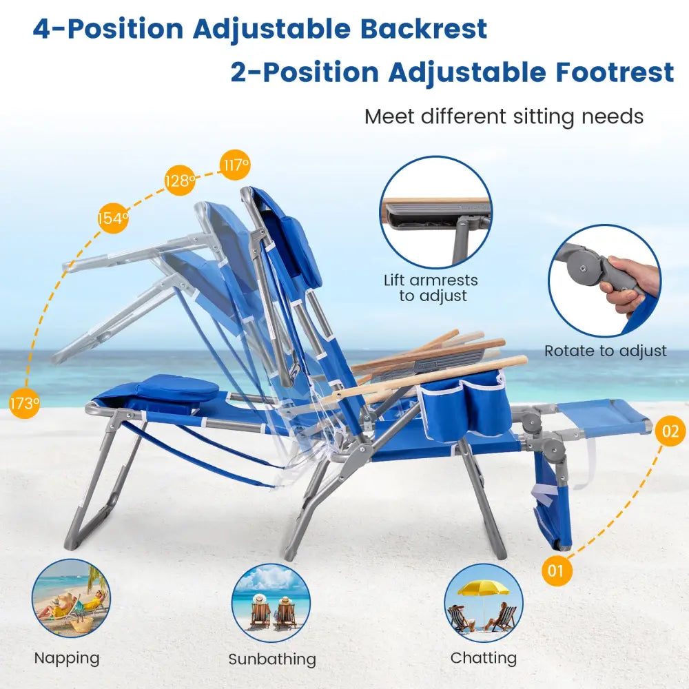 3-IN-1 Foldable Beach Chair with Footrest and Adjustable Backrest-Navy - Navy - Beach & Lawn Chairs