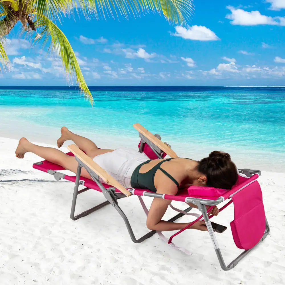 3-IN-1 Foldable Beach Chair with Footrest and Adjustable Backrest-Peach - Peach - Beach & Lawn Chairs