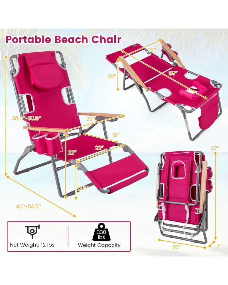 3-IN-1 Foldable Beach Chair with Footrest and Adjustable Backrest-Peach - Peach - Beach & Lawn Chairs