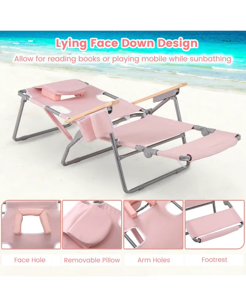 3-IN-1 Foldable Beach Chair with Footrest and Adjustable Backrest-Pink - Pink - Beach & Lawn Chairs