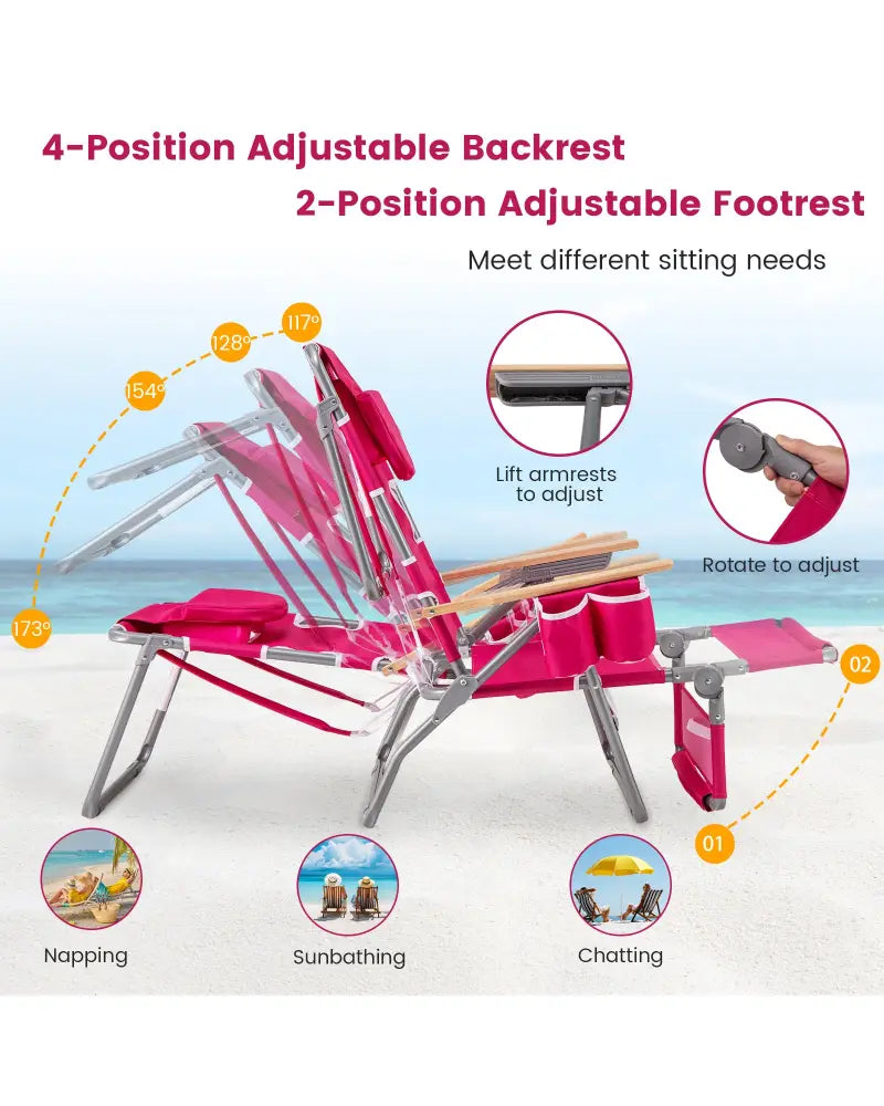 3-IN-1 Foldable Beach Chair with Footrest and Adjustable Backrest-Peach - Peach - Beach & Lawn Chairs