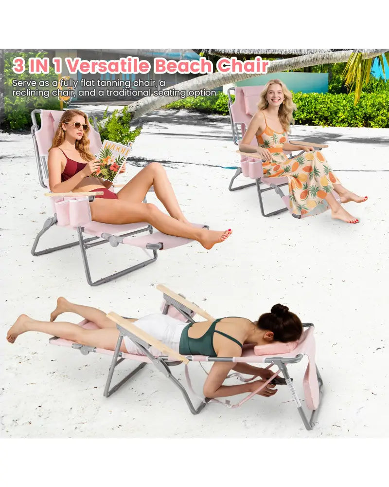 3-IN-1 Foldable Beach Chair with Footrest and Adjustable Backrest-Pink - Pink - Beach & Lawn Chairs