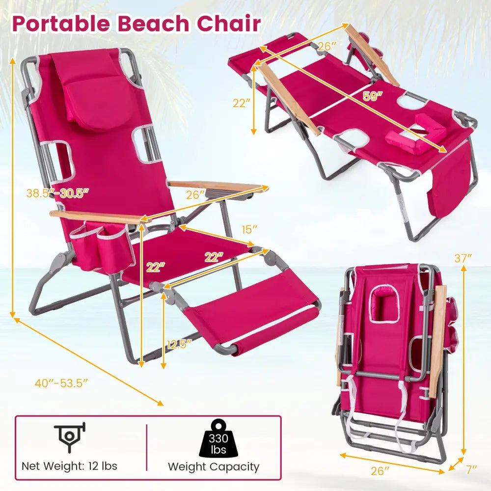 3-IN-1 Foldable Beach Chair with Footrest and Adjustable Backrest-Peach - Peach - Beach & Lawn Chairs