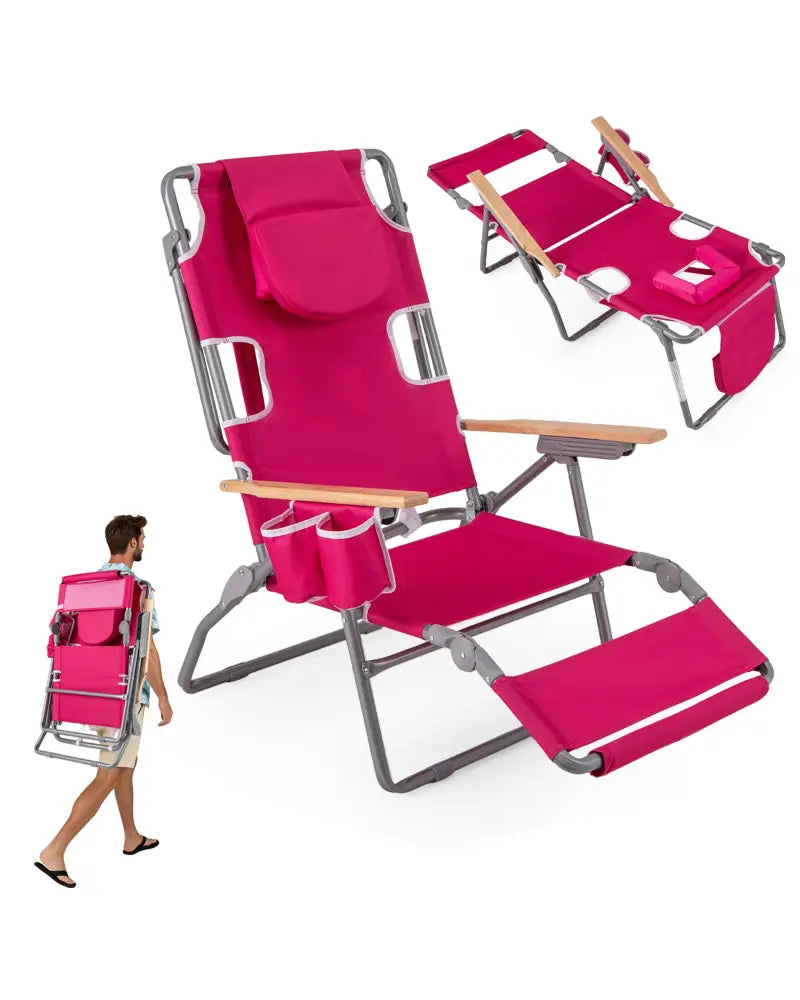 3-IN-1 Foldable Beach Chair with Footrest and Adjustable Backrest-Peach - Peach - Beach & Lawn Chairs