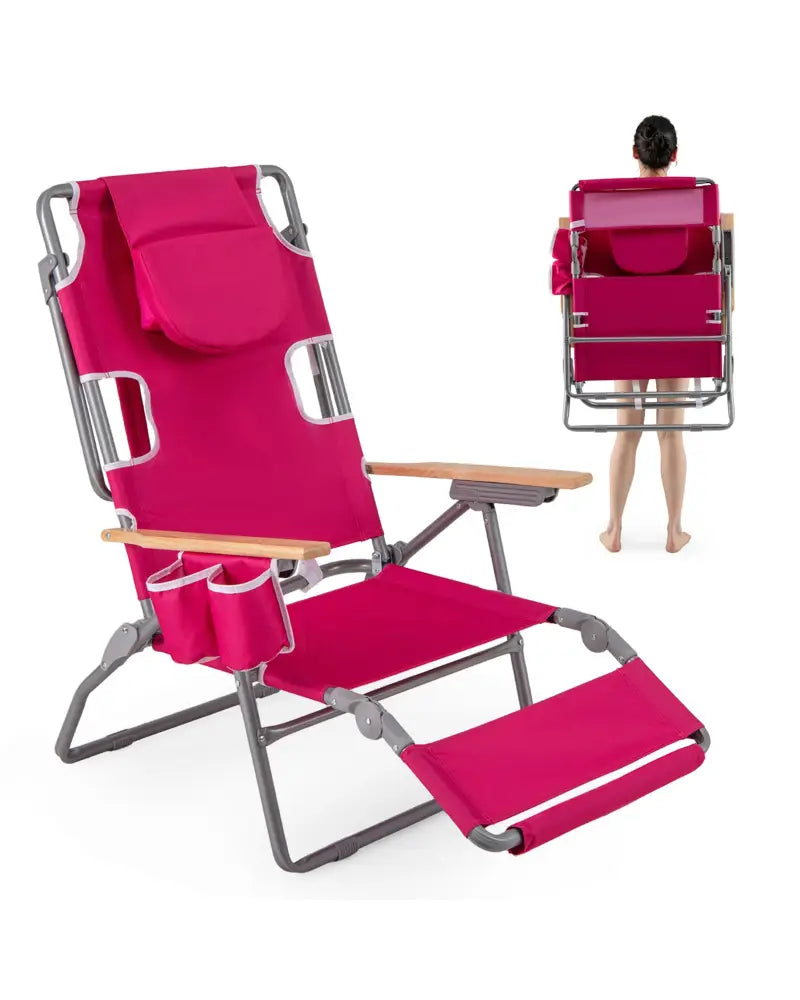 3-IN-1 Foldable Beach Chair with Footrest and Adjustable Backrest-Peach - Peach - Beach & Lawn Chairs