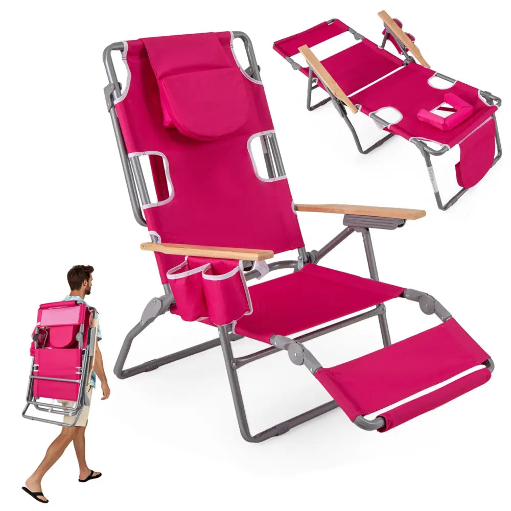 3-IN-1 Foldable Beach Chair with Footrest and Adjustable Backrest-Peach - Peach - Beach & Lawn Chairs