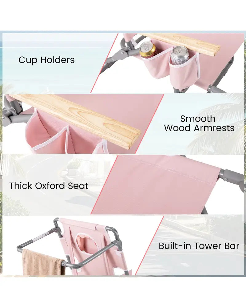 3-IN-1 Foldable Beach Chair with Footrest and Adjustable Backrest-Pink - Pink - Beach & Lawn Chairs