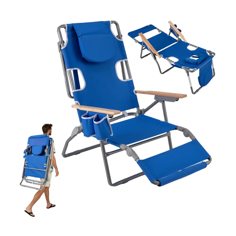 3-IN-1 Foldable Beach Chair with Footrest and Adjustable Backrest-Navy - Navy - Beach & Lawn Chairs