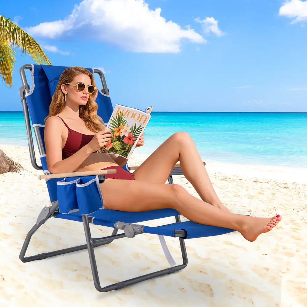 3-IN-1 Foldable Beach Chair with Footrest and Adjustable Backrest-Navy - Navy - Beach & Lawn Chairs