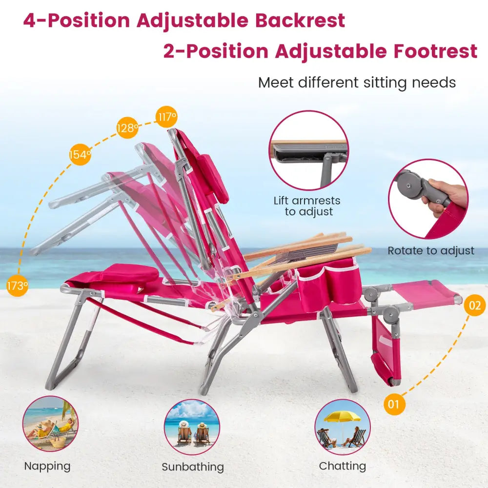 3-IN-1 Foldable Beach Chair with Footrest and Adjustable Backrest-Peach - Peach - Beach & Lawn Chairs