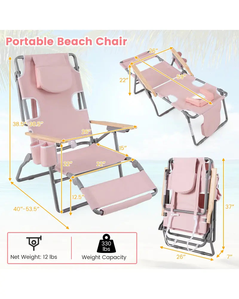 3-IN-1 Foldable Beach Chair with Footrest and Adjustable Backrest-Pink - Pink - Beach & Lawn Chairs