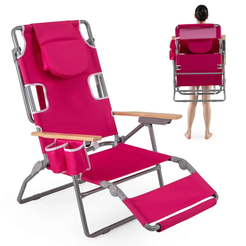 3-IN-1 Foldable Beach Chair with Footrest and Adjustable Backrest-Peach - Peach - Beach & Lawn Chairs