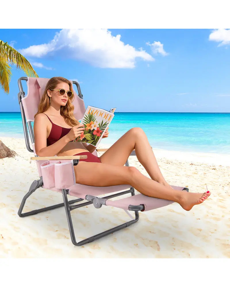 3-IN-1 Foldable Beach Chair with Footrest and Adjustable Backrest-Pink - Pink - Beach & Lawn Chairs