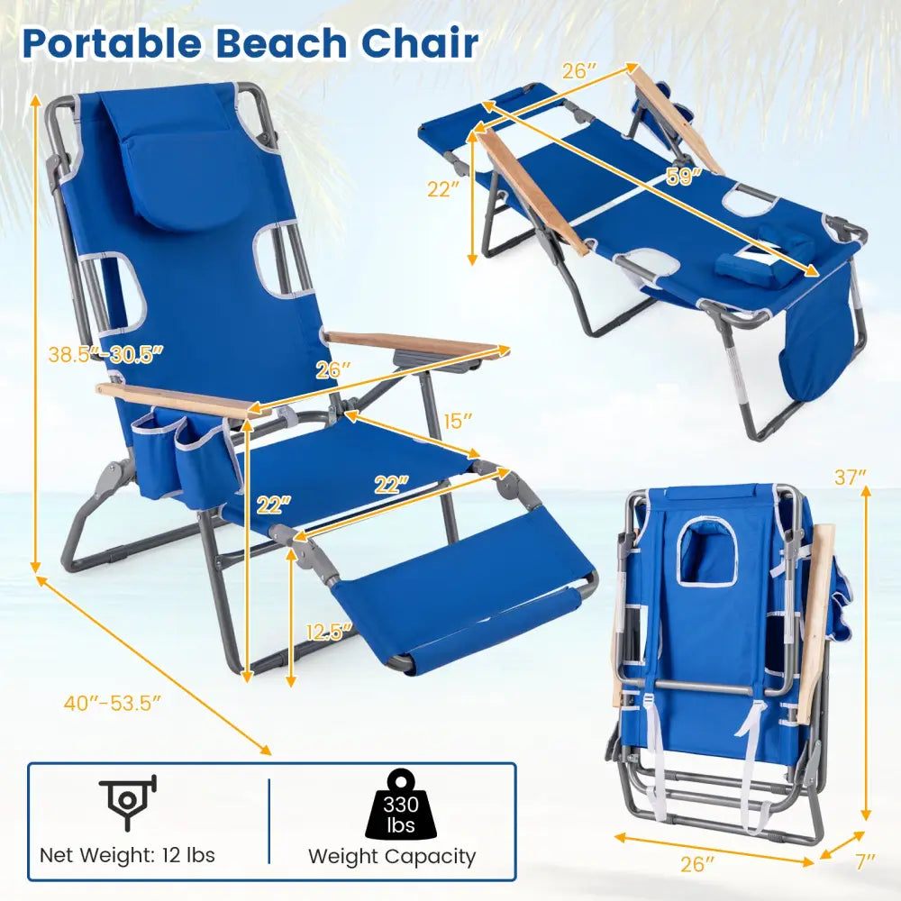 3-IN-1 Foldable Beach Chair with Footrest and Adjustable Backrest-Navy - Navy - Beach & Lawn Chairs