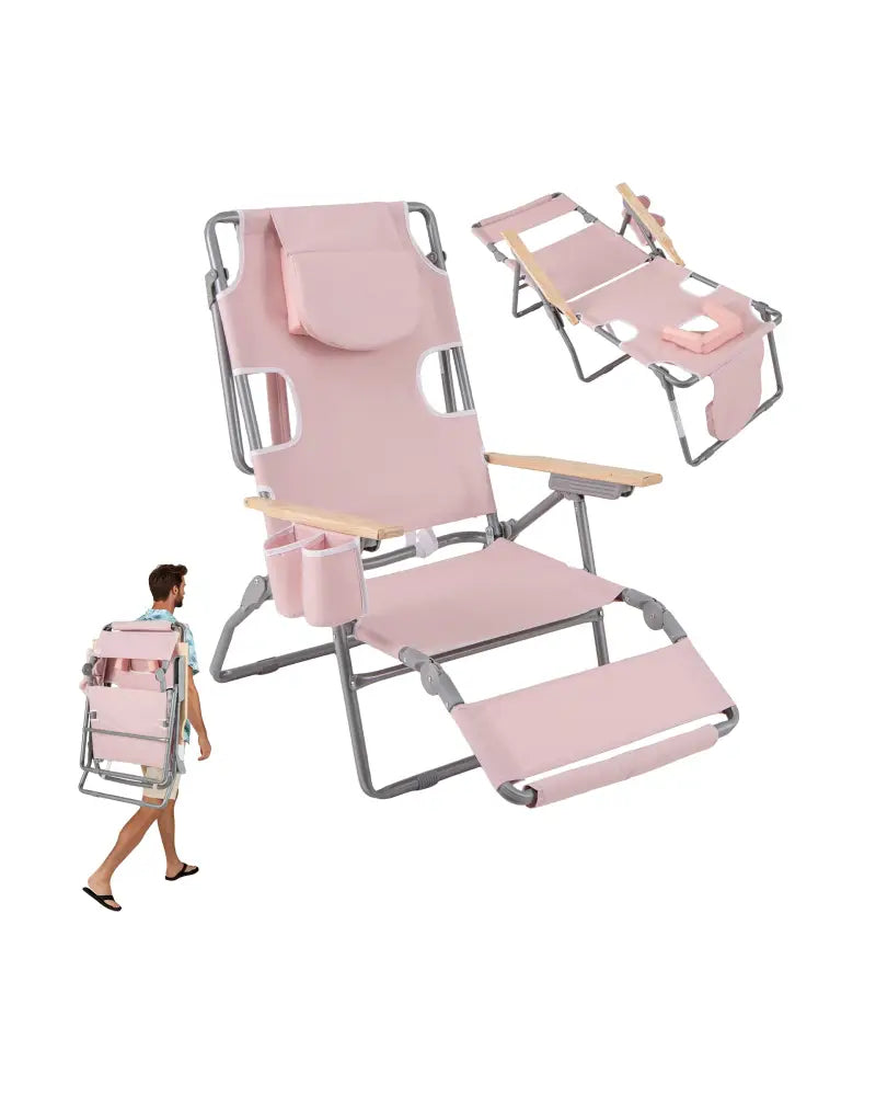 3-IN-1 Foldable Beach Chair with Footrest and Adjustable Backrest-Pink - Pink - Beach & Lawn Chairs