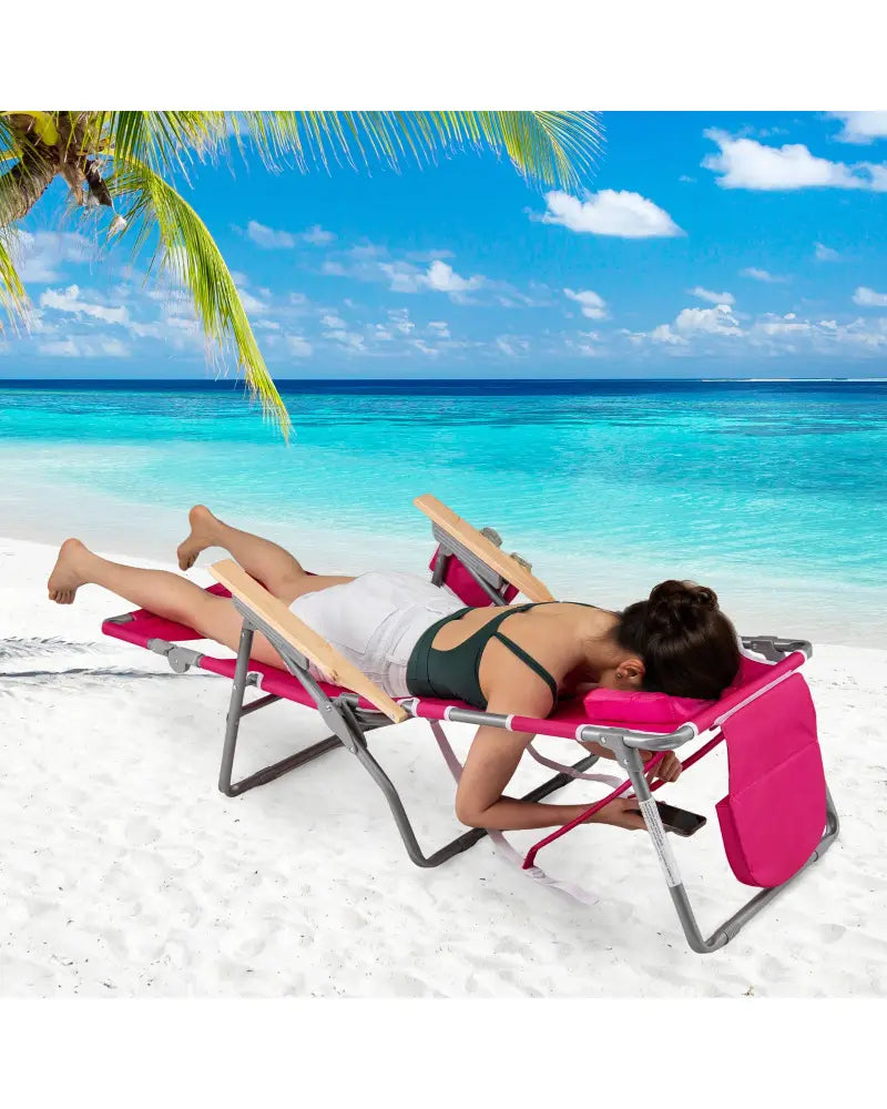 3-IN-1 Foldable Beach Chair with Footrest and Adjustable Backrest-Peach - Peach - Beach & Lawn Chairs