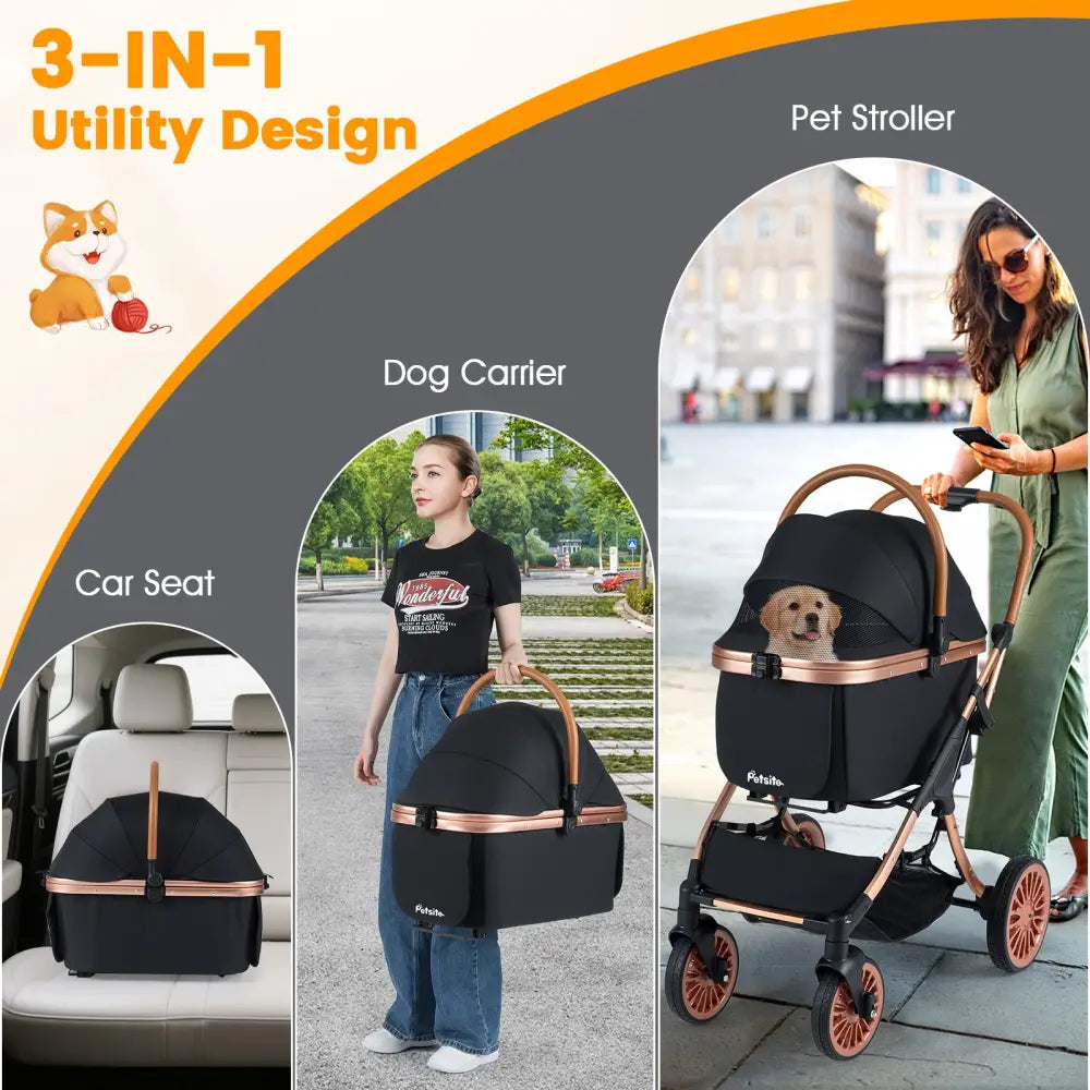 3-in-1 Foldable Pet Stroller with Sun Shade and Safety Belt for up to 55 lbs Small Medium Dogs Cats-Black - Black - Dog