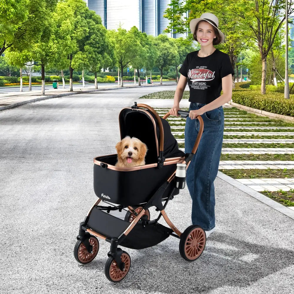 3-in-1 Foldable Pet Stroller with Sun Shade and Safety Belt for up to 55 lbs Small Medium Dogs Cats-Black - Black - Dog