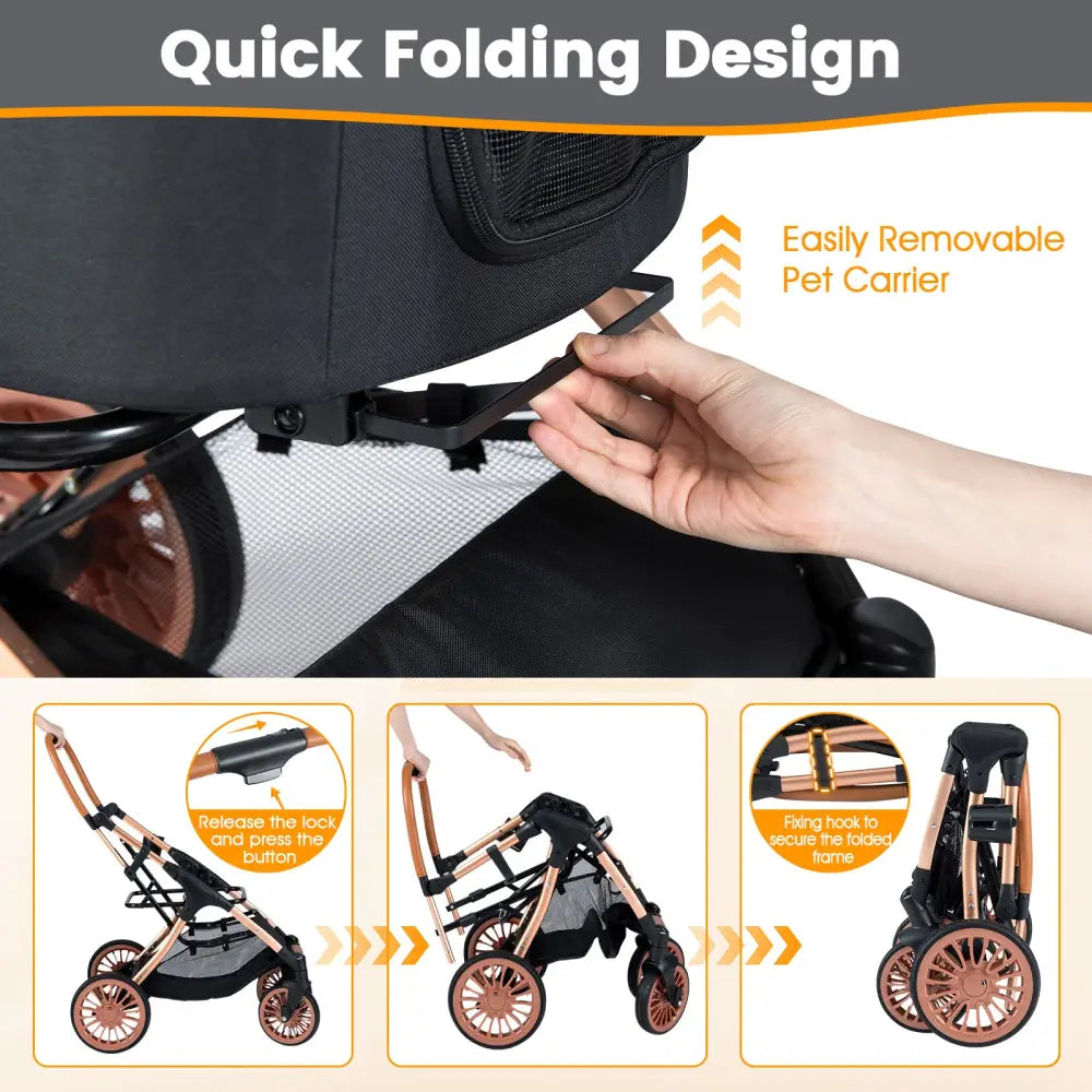 3-in-1 Foldable Pet Stroller with Sun Shade and Safety Belt for up to 55 lbs Small Medium Dogs Cats-Black - Black - Dog