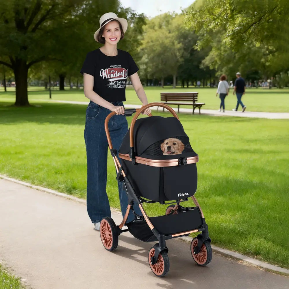 3-in-1 Foldable Pet Stroller with Sun Shade and Safety Belt for up to 55 lbs Small Medium Dogs Cats-Black - Black - Dog