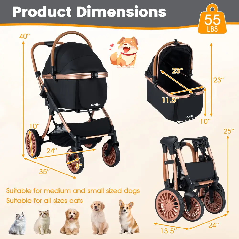 3-in-1 Foldable Pet Stroller with Sun Shade and Safety Belt for up to 55 lbs Small Medium Dogs Cats-Black - Black - Dog